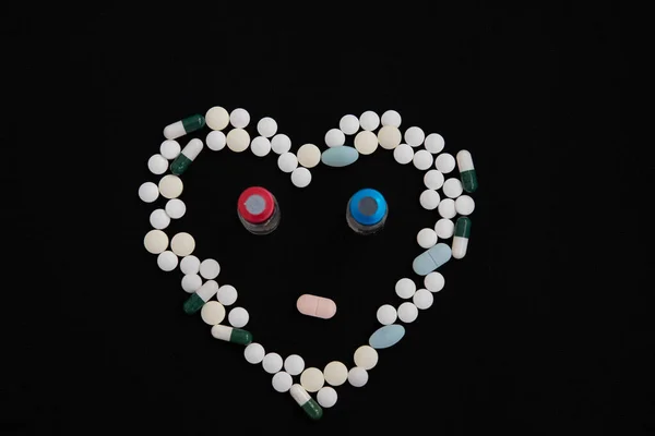 Heart Pills Two Bottles Vaccine Black Background — 图库照片