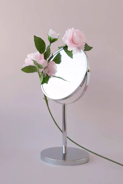 Вокруг круглых зеркальных цветов с длинной изогнутой ногой концепция эстетики Стоковое Фото