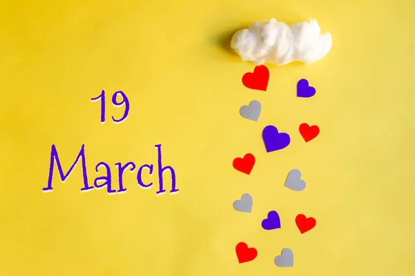 March Day Month Colorful Hearts Rain White Cotton Cloud Yellow — Stock Photo, Image