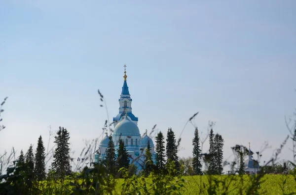Champ Vert Sur Île Valaam Loin Cathédrale Transfiguration Sur Fond — Photo