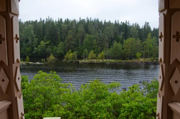 Beautiful Forest Lake Cloudy Day Karelia Calm Dark Water Early — Stock Photo, Image