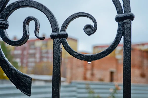 Esik Eső Kerítésen Fekete Fémből Készült Kerítésgöndör — Stock Fotó