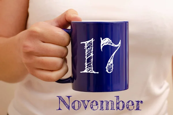 Inscription Blue Cup November Cup Female Hand Business Concept — Stock Photo, Image
