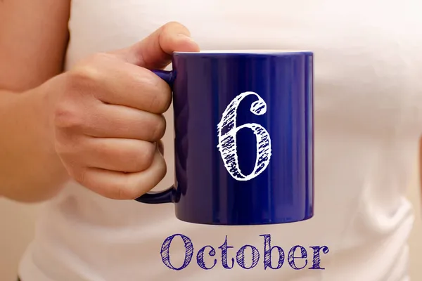 Inscription Blue Cup October Cup Female Hand Business Concept — Stock Photo, Image