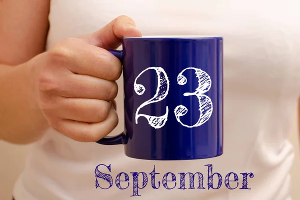 Inscription Blue Cup September Cup Female Hand Business Concept — Stock Photo, Image