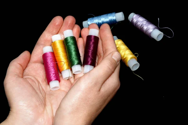 Female Hands Hold Skeins Thread Silk Threads Embroidery Skeins Yellow — Stock Photo, Image