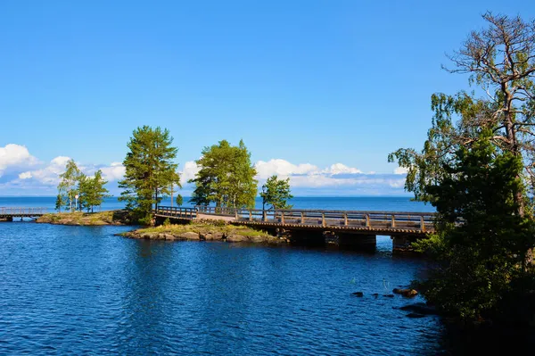 Wooden Bridges Islands Lake Ladoga Valaam Monastery Clear Day Blue — Stock Photo, Image