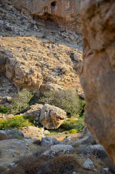 Wadi Kelt ya da Nahal Prat, İsrail 'in Yahudi Çölü' nde. Geçidin görünümü.