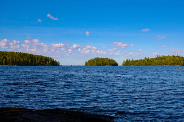 Lac Calme Avec Des Îles Dans Eau Forêt Verte Sur — Photo