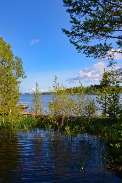 Bela Paisagem Lago Ladoga Com Nuvens Brancas Céu Azul Dia — Fotografia de Stock