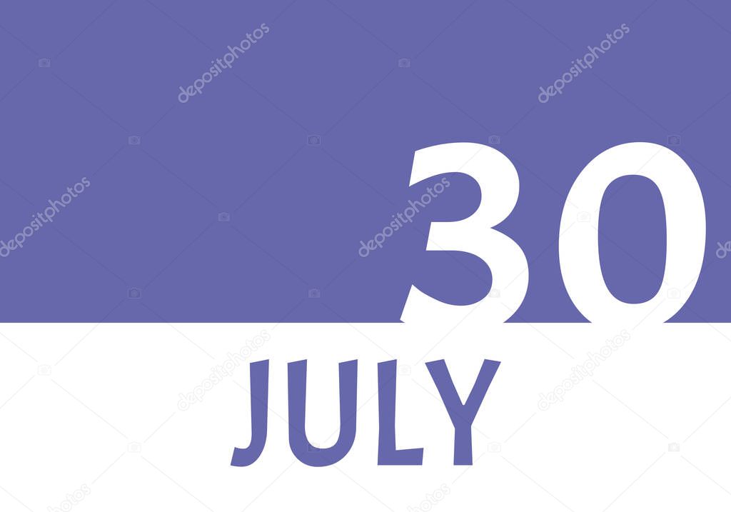 30 july calendar date with copy space. Very Peri background and white numbers. Trending color for 2022. Important date concept.
