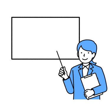 A woman in a suit explaining using a blackboard