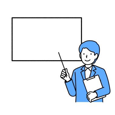 A man in a suit explaining using a blackboard