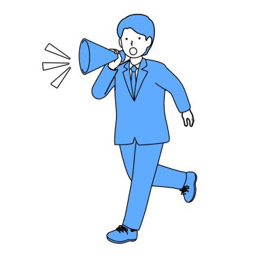 Elinde megafonla koşan bir çalışan.