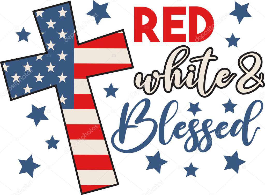 National american holiday illustration with USA flag. Festive poster or banner with hand lettering. Script. Calligraphic design for print greetings card, sale banner, poster.