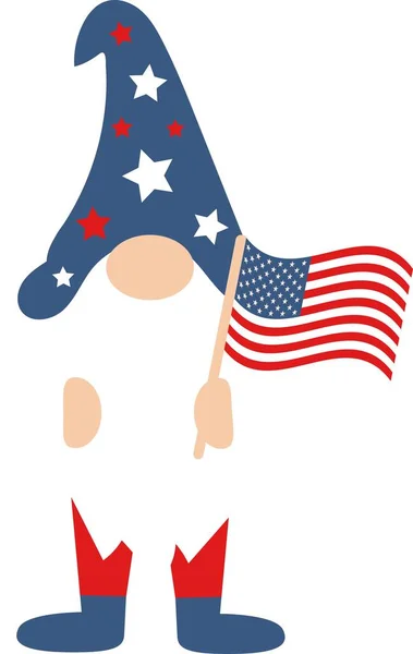 Patriottische Amerikaanse kabouter. Schattige Scandinavische dwerg met Amerikaanse vlag. — Stockvector