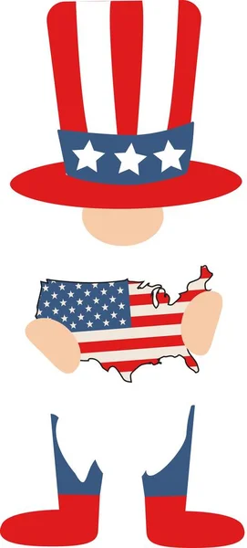 Hazafias amerikai törpe. Aranyos skandináv törpe térképpel az USA-ban. — Stock Vector