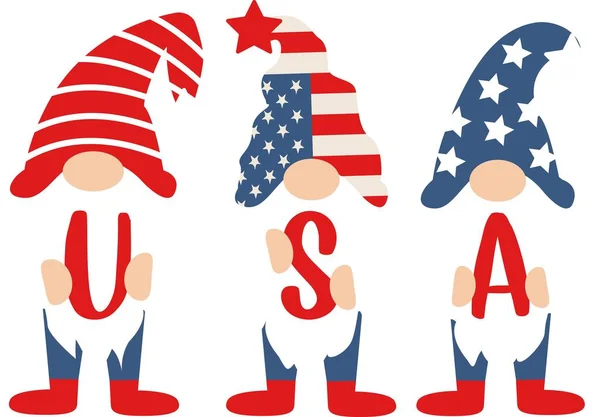 Drie patriottische Amerikaanse kabouters. Schattige Scandinavische dwerg met letters USA. — Stockvector