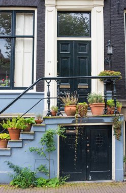 Yazın Amsterdam 'da çiçekli veranda ve pencere 