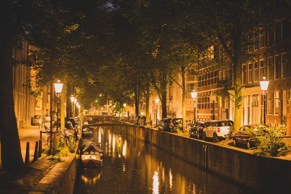 Światła Nocne Kanały Amsterdamu — Zdjęcie stockowe