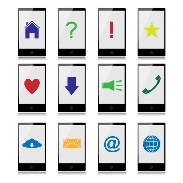 Mobile phones with signs on the screen — Stock Vector