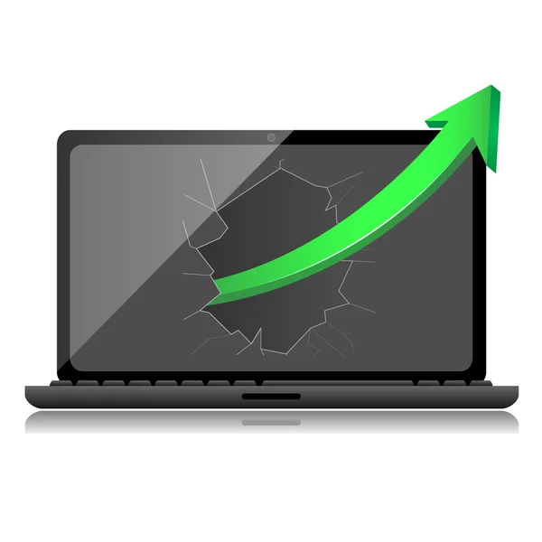 Laptop ile başarı büyüme Yeşil ok. — Stock Vector