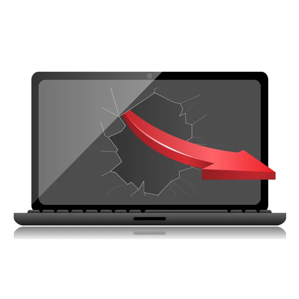 Broken Black Laptop with red arrow — Stock Vector