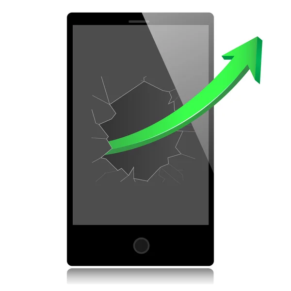 Smart phone con la crescita di successo freccia verde . — Vettoriale Stock