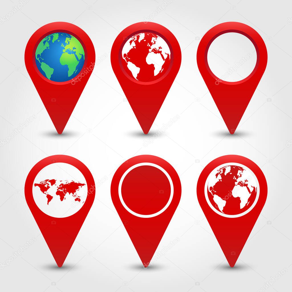Vector Illustration. Set of red symbols geolocation with a globe. location map pointer.