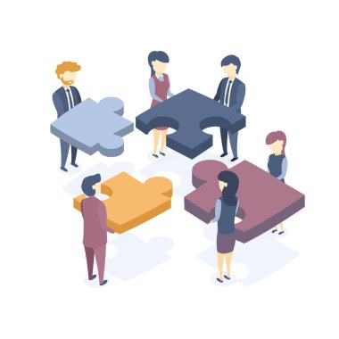 İzometrik vektör çizimi. İş dünyası takım çalışması kavramı. İş sorunları çözümleri. Şirket eğitimi.