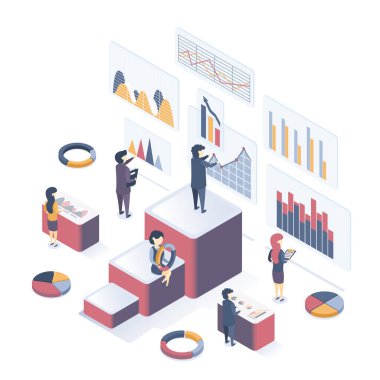 İzometrik vektör çizimi. Veri Analizi 'nin başlangıcı. İnsanlar veri toplar, grafikleri analiz eder, istatistikleri analiz eder..