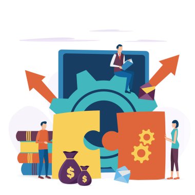 İş dünyası takım çalışması kavramı. İş sorunları çözümleri. Bulmacanın kooperatif çözümü. Düz biçimli vektör illüstrasyonu.