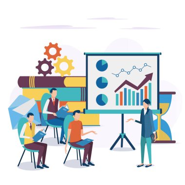 İş eğitimi kavramı. Şirket eğitimi. Çalışanlar için seminer. İstatistiklerin analizi. Brifing. Düz biçimli vektör illüstrasyonu.