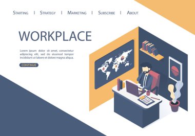 İzometrik vektör çizimi. Ofisteki iş yeri kavramı. Ofisteki iş adamı iş başarısını analiz eder. Düz biçim.