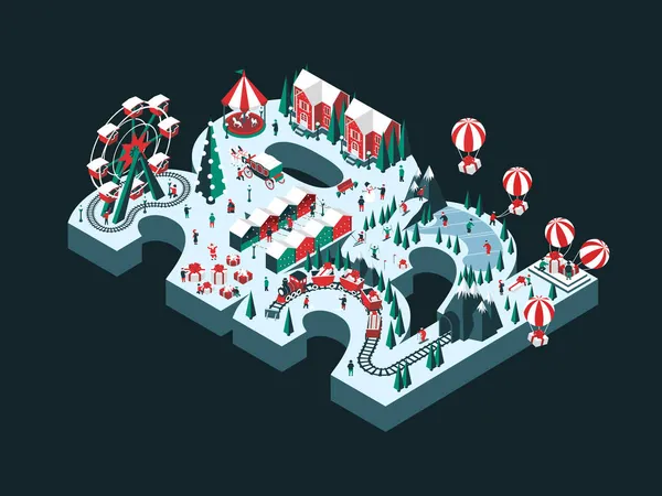 2022 yılının teması vektör illüstrasyonu. Isometric tarzı. Mutlu insanlar eğleniyor ve kış tatillerini kutluyorlar. Poster, afiş ve tebrik kartı için..