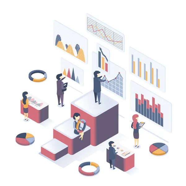Illustration Vectorielle Isométrique Acceptation Analyse Des Données Les Gens Collectent — Image vectorielle