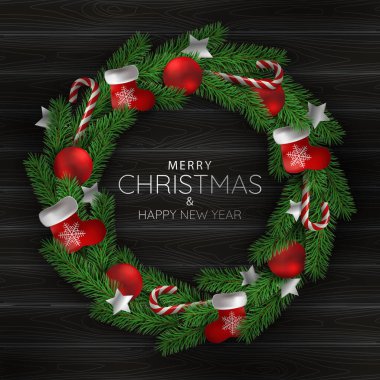 Noel tatili. Siyah ahşap desenli Noel çelengi