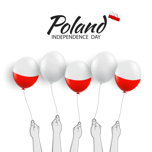 Wektor Ilustracja Dnia Niepodległości Polski Ręce Balonami — Wektor stockowy