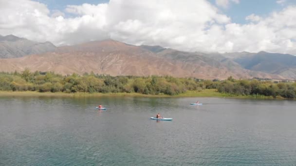 在一个背景是高山的美丽的湖畔的一个冲浪板上旅行 夏天的体育娱乐活动 湖上有桨 一群冲浪者骑在湖上的冲浪板上 — 图库视频影像