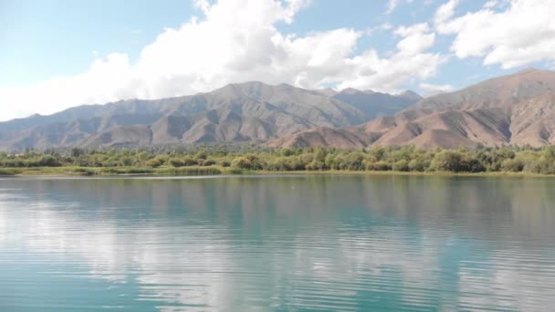 飞越美丽的高山湖面 一只鸭子在湖面上游泳 从高山湖上俯瞰群山的景色 吉尔吉斯斯坦的伊塞克湖高山湖 吉尔吉斯斯坦的性质 — 图库视频影像