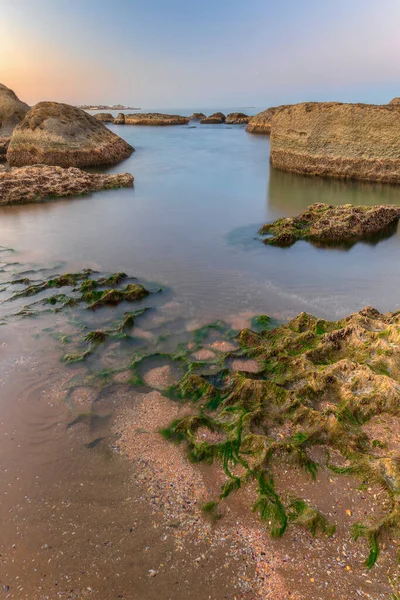 Hazar Denizi kıyısında gün batımında.