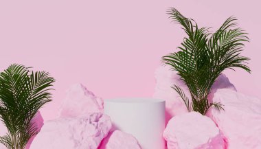 Ürün sunumu için arkaplanı özetle. Kozmetik şişe podyumu ve gri arka planda yeşil yaprak. 3d hazırlayıcı