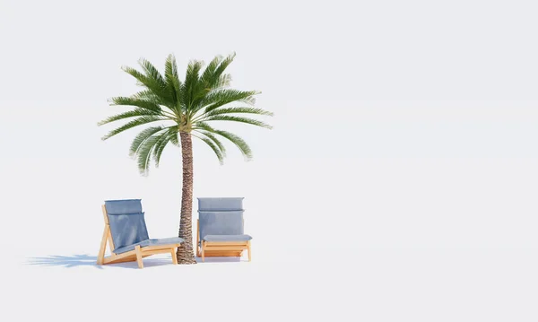 Пальма Два Пляжных Шезлонга Белом Фоне Рендеринг — стоковое фото