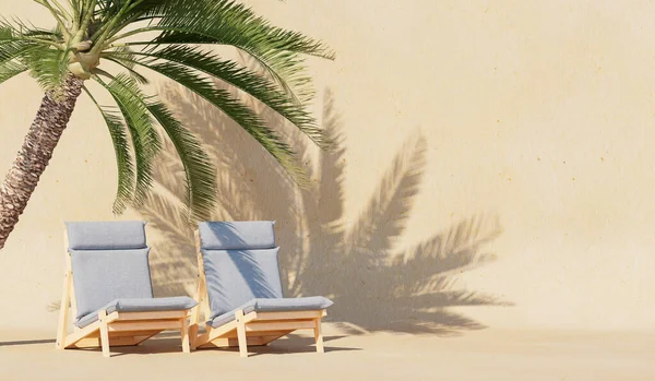 Background Shadow Palm Tree Wall Two Beach Chairs Cover Postcard — Stok fotoğraf