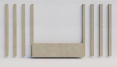 Beyaz bir duvarda tahta çıta. 3d oluşturma