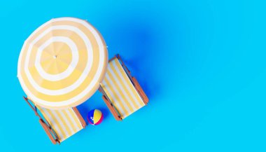 Sandalyeli ve plaj aksesuarlı plaj şemsiyesi.