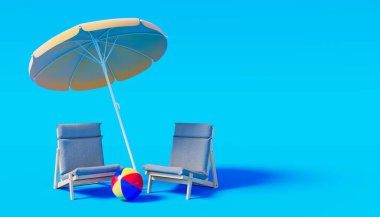 Koltuk arkası olan plaj şemsiyesi. Yaz tatili kavramı. 3d oluşturma