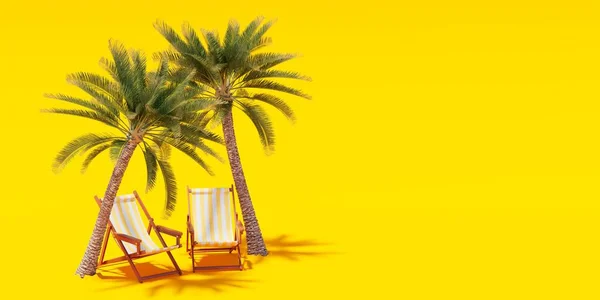 Palm Trees Sun Loungers Standing Yellow Background Rendering — стоковое фото