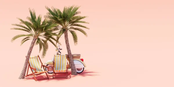 Palm Trees Sun Loungers Moped Beige Background Rendering — Photo