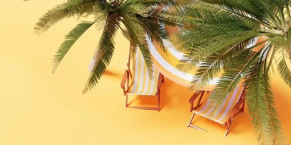 Palm Trees Sun Loungers Beach Umbrella Yellow Background View Rendering — Stok fotoğraf
